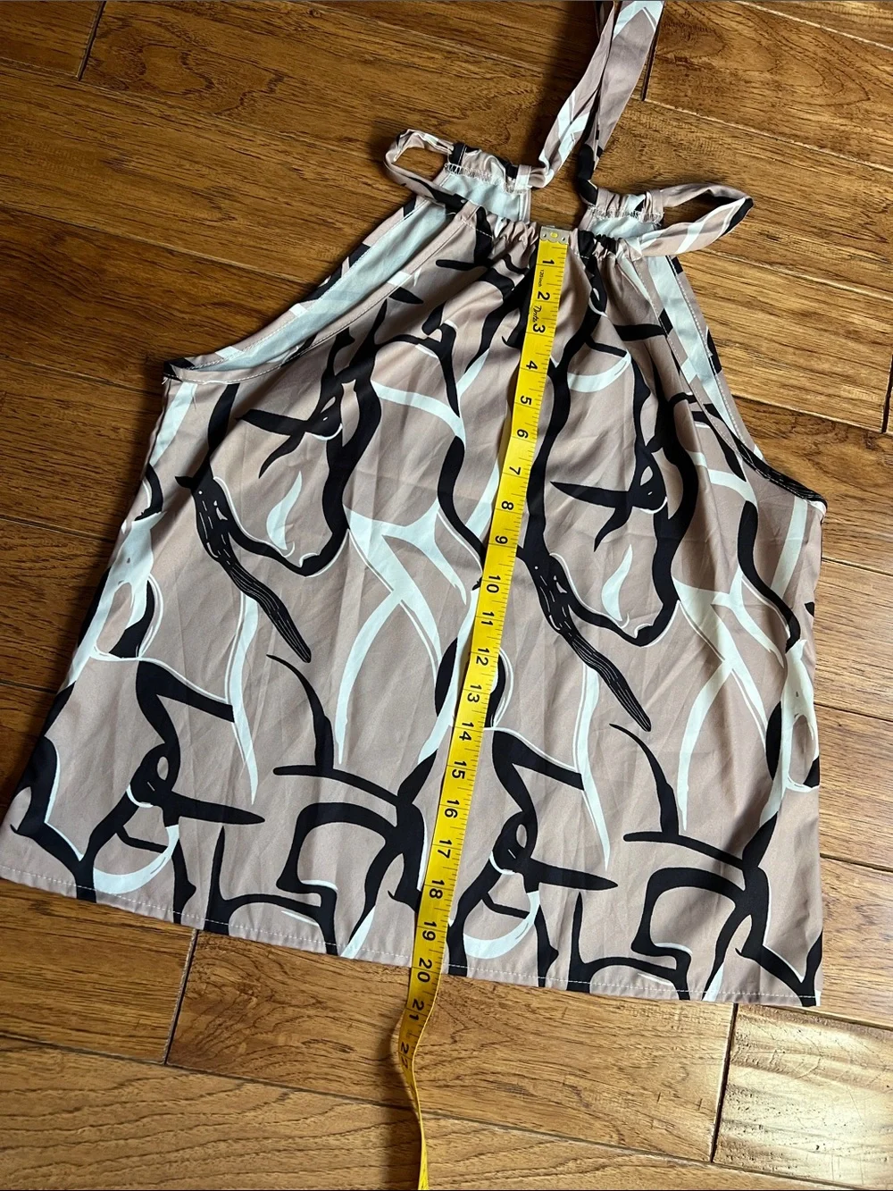 Abstract Print Tie-Neck Camisole in Taupe, Black & Light Blue